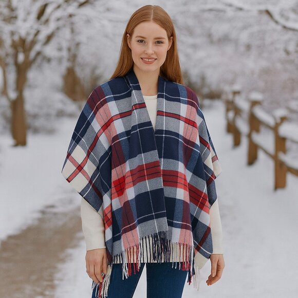 Lands' End Accessories - Lands' End Red Blue White Plaid Fringed Soft Acrylic Scarf Unisex 70"x15" NWOT